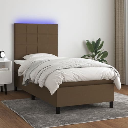 Ramsäng med madrass & LED mörkbrun 100x200 cm tyg