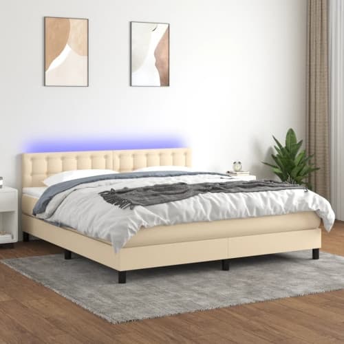 Ramsäng med madrass & LED gräddvit 160x200 cm tyg
