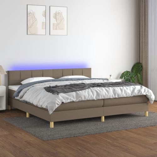 Ramsäng med madrass & LED taupe 200x200 cm tyg