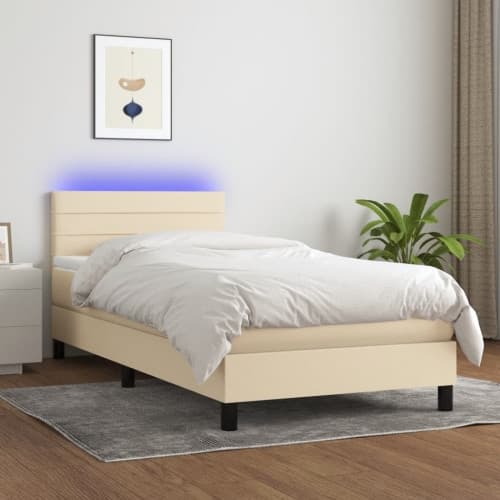 Ramsäng med madrass & LED gräddvit 80x200 cm tyg