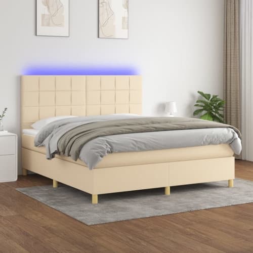 Ramsäng med madrass & LED gräddvit 160x200 cm tyg
