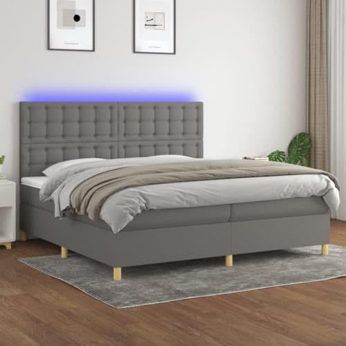 Ramsäng med madrass & LED mörkgrå 200x200 cm tyg