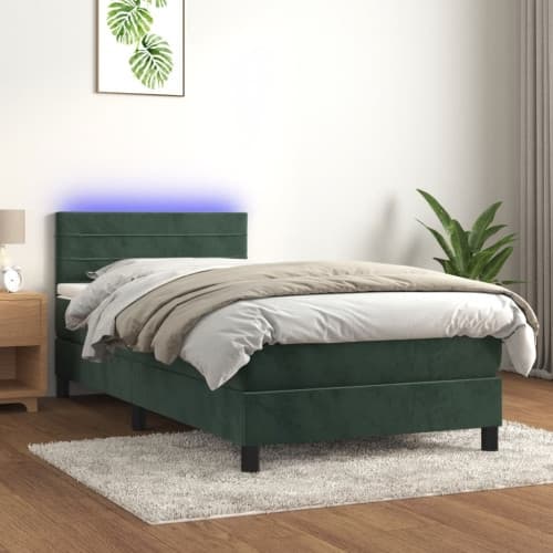 Ramsäng med madrass & LED mörkgrön 90x200 cm sammet