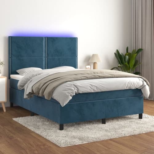 Ramsäng med madrass & LED mörkblå 140x200 cm sammet