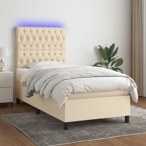 Ramsäng med madrass & LED gräddvit 100x200 cm tyg