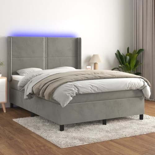 Ramsäng med madrass & LED ljusgrå 140x200 cm sammet