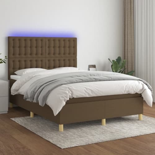Ramsäng med madrass & LED mörkbrun 140x200 cm tyg