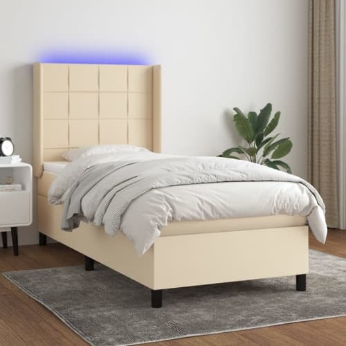 Ramsäng med madrass & LED gräddvit 90x190 cm tyg