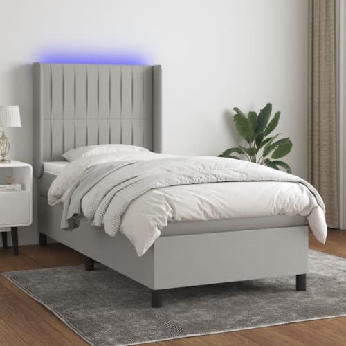 Ramsäng med madrass & LED ljusgrå 90x190 cm tyg