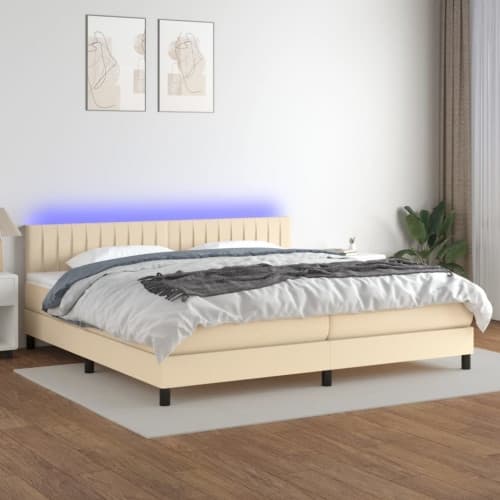Ramsäng med madrass & LED gräddvit 200x200 cm tyg