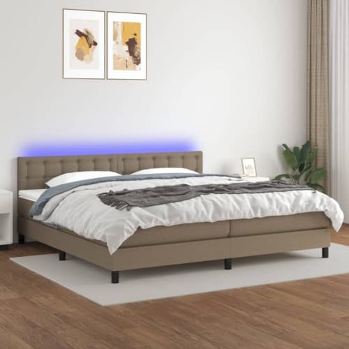 Ramsäng med madrass & LED taupe 200x200 cm tyg
