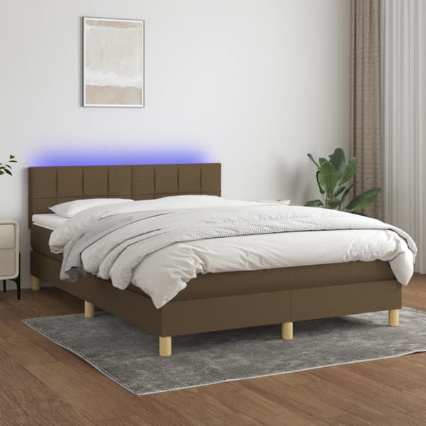 Ramsäng med madrass & LED mörkbrun 140x200 cm tyg