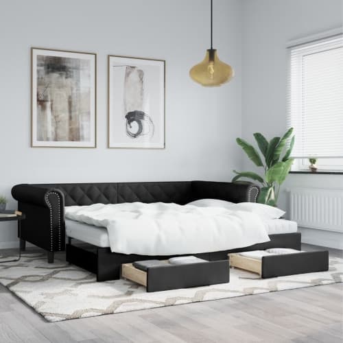 Dagbädd utdragbar med lådor svart 90x200 cm konstläder