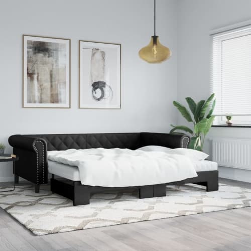 Dagbädd utdragbar med madrasser svart 90x200 cm konstläder