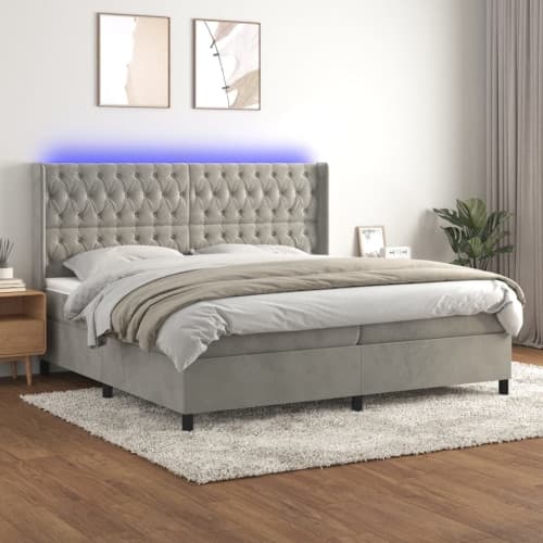 Ramsäng med madrass & LED ljusgrå 200x200 cm sammet