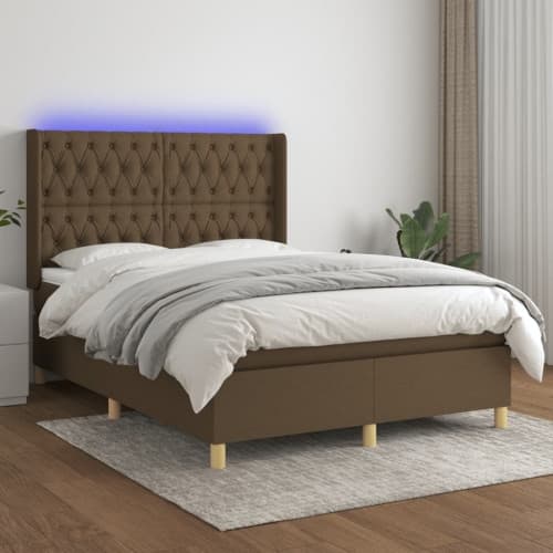 Ramsäng med madrass & LED mörkbrun 140x190 cm tyg