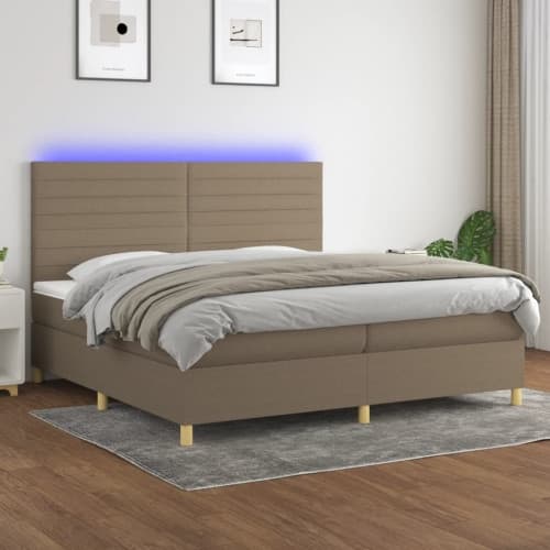 Ramsäng med madrass & LED taupe 200x200 cm tyg