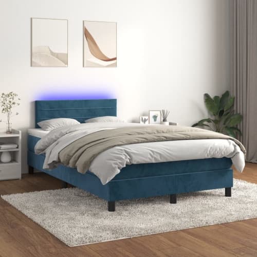 Ramsäng med madrass & LED mörkblå 120x200 cm sammet