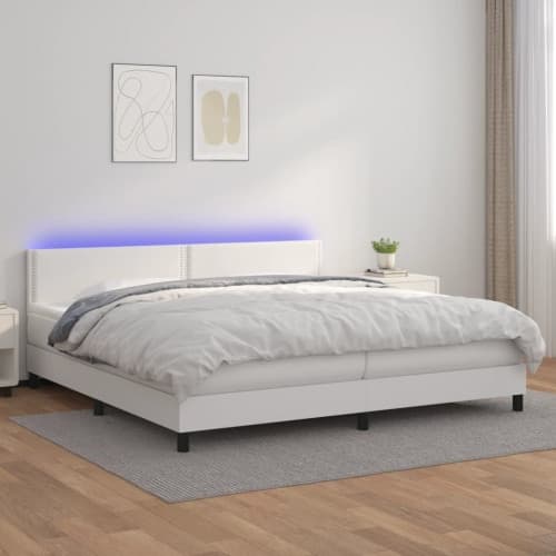 Ramsäng med madrass & LED vit 200x200 cm konstläder
