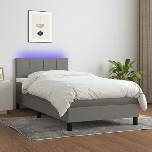 Ramsäng med madrass & LED mörkgrå 100x200 cm tyg