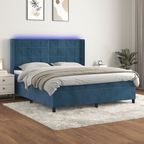 Ramsäng med madrass & LED mörkblå 160x200 cm sammet