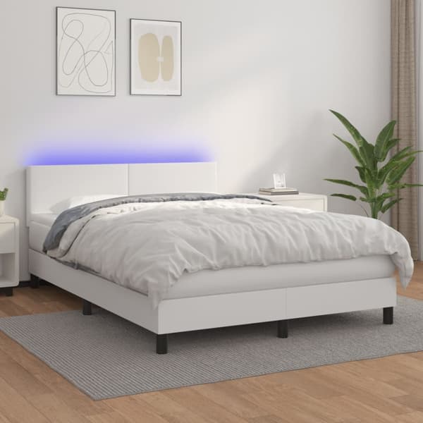 Ramsäng med madrass & LED vit 140x190 cm konstläder