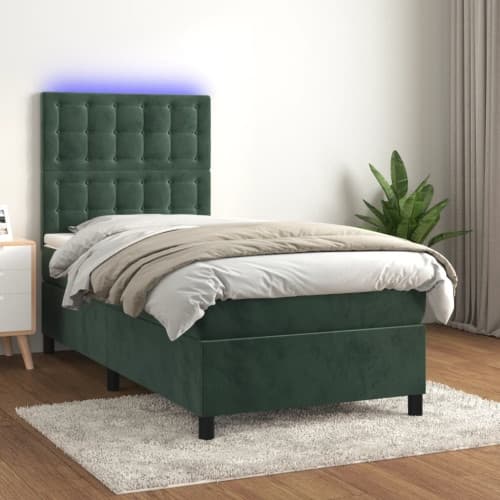 Ramsäng med madrass & LED mörkgrön 90x190 cm sammet