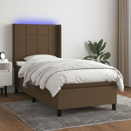 Ramsäng med madrass & LED mörkbrun 90x200 cm tyg