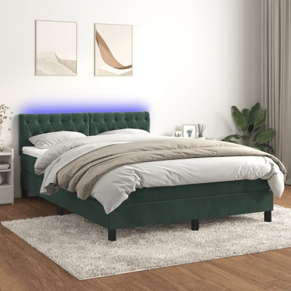 Ramsäng med madrass & LED mörkgrön 140x190 cm sammet