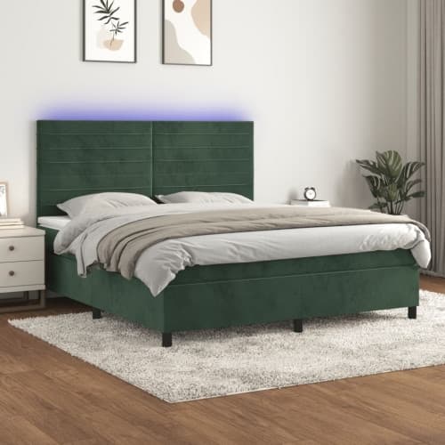Ramsäng med madrass & LED mörkgrön 160x200 cm sammet