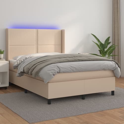 Ramsäng med bäddmadrass & LED cappuccino 140x190 cm konstläder