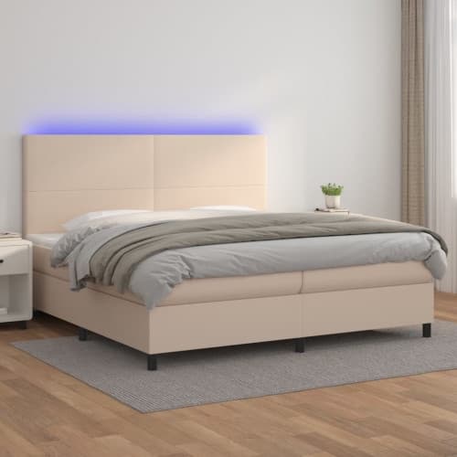 Ramsäng med bäddmadrass & LED cappuccino 200x200 cm konstläder