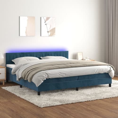 Ramsäng med madrass & LED mörkblå 200x200 cm sammet