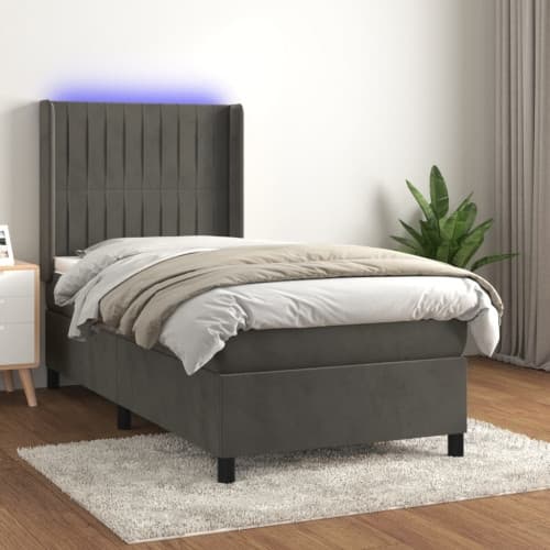 Ramsäng med madrass & LED mörkgrå 100x200 cm sammet