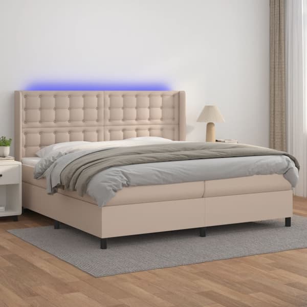 Ramsäng med bäddmadrass & LED cappuccino 200x200 cm konstläder