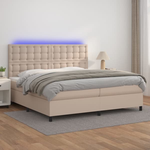 Ramsäng med bäddmadrass & LED cappuccino 200x200 cm konstläder