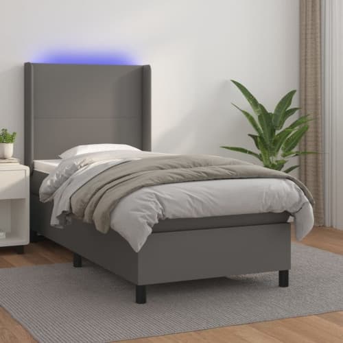 Ramsäng med madrass & LED grå 90x190 cm konstläder