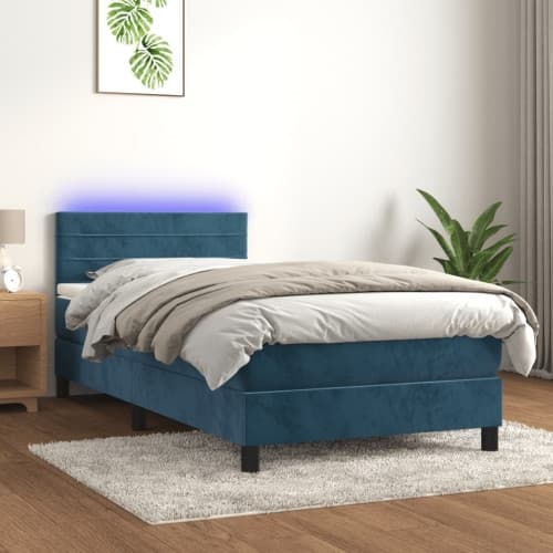 Ramsäng med madrass & LED mörkblå 90x190 cm sammet