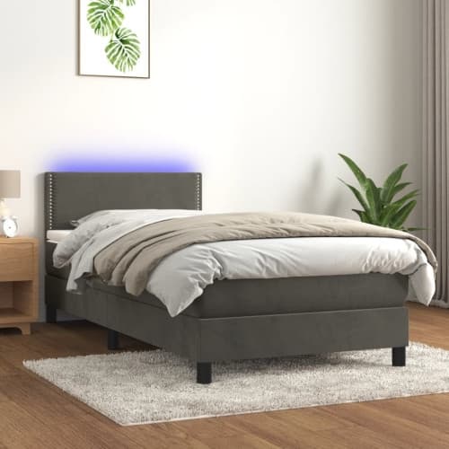 Ramsäng med madrass & LED mörkgrå 100x200 cm sammet