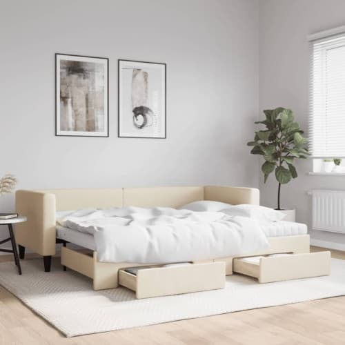 Dagbädd utdragbar med lådor gräddvit 80x200 cm tyg