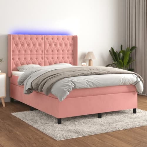 Ramsäng med madrass rosa & LED 140x200 cm sammet