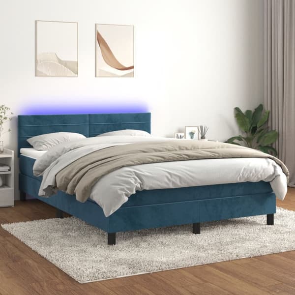 Ramsäng med madrass & LED mörkblå 140x190 cm sammet