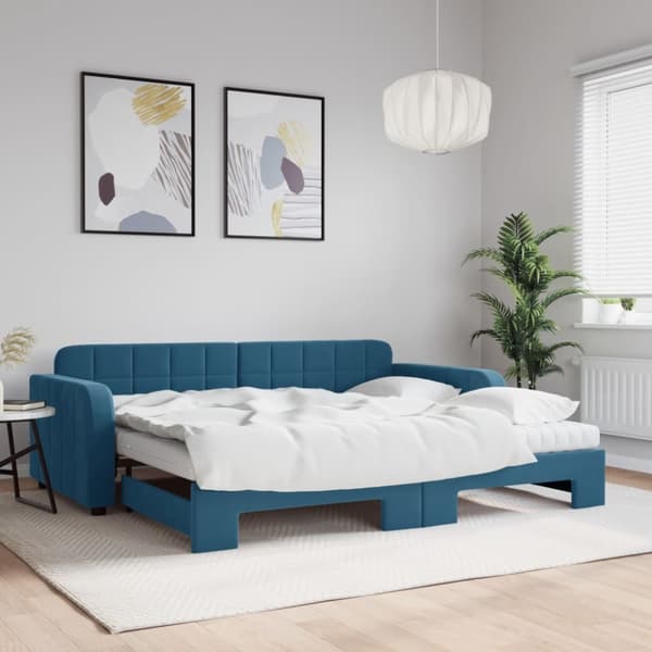 Dagbädd utdragbar med madrasser blå 90x200 cm sammet