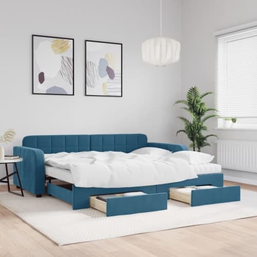 Dagbädd utdragbar med lådor blå 90x200 cm sammet