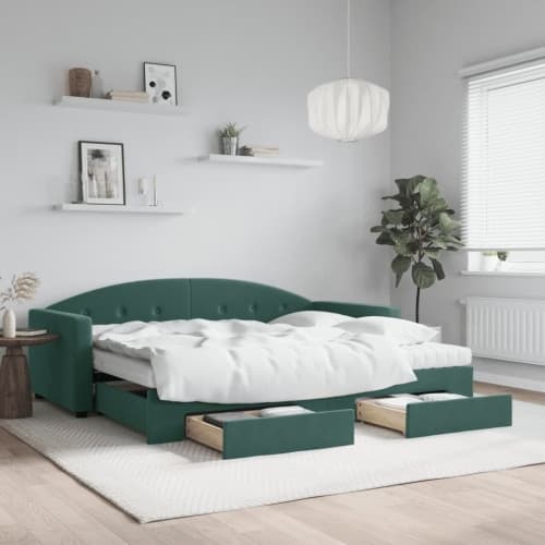 Dagbädd utdragbar med lådor mörkgrön 90x200 cm sammet