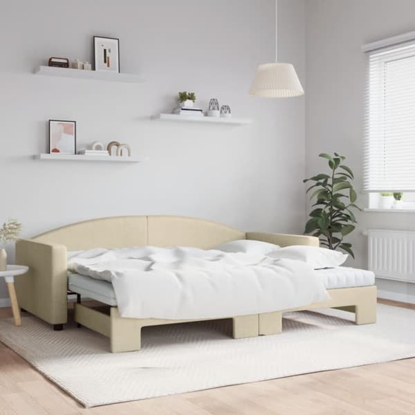 Dagbädd utdragbar med madrasser gräddvit 90x200 cm tyg