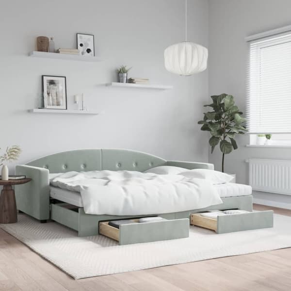Dagbädd utdragbar med lådor ljusgrå 90x200 cm sammet