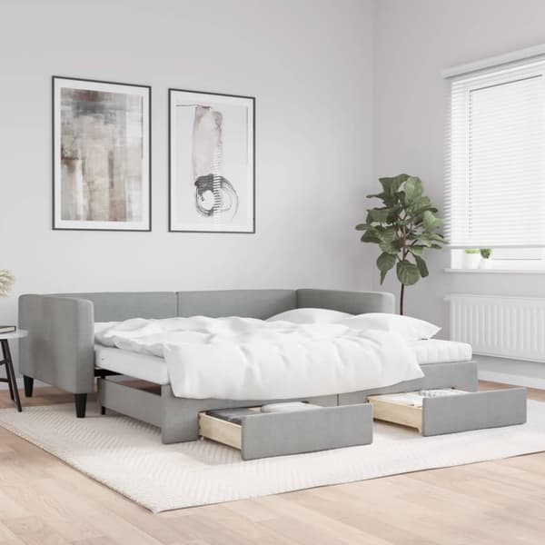 Dagbädd utdragbar med lådor ljusgrå 100x200 cm tyg