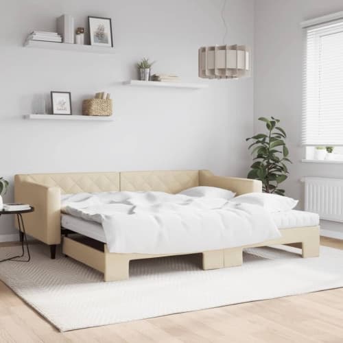 Dagbädd med extrabädd och madrasser gräddvit 100x200 cm tyg