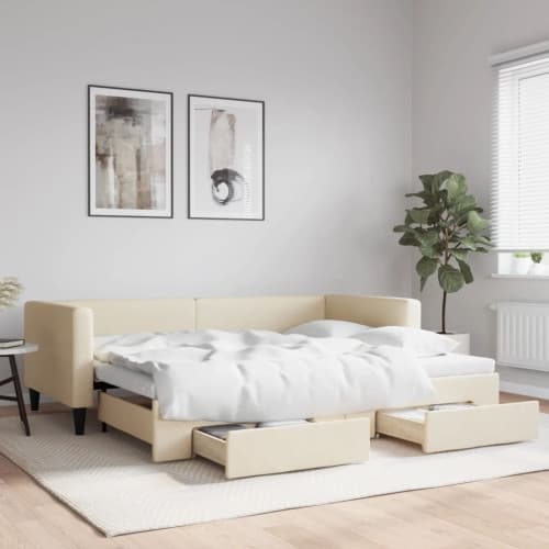 Dagbädd utdragbar med lådor gräddvit 90x200 cm tyg